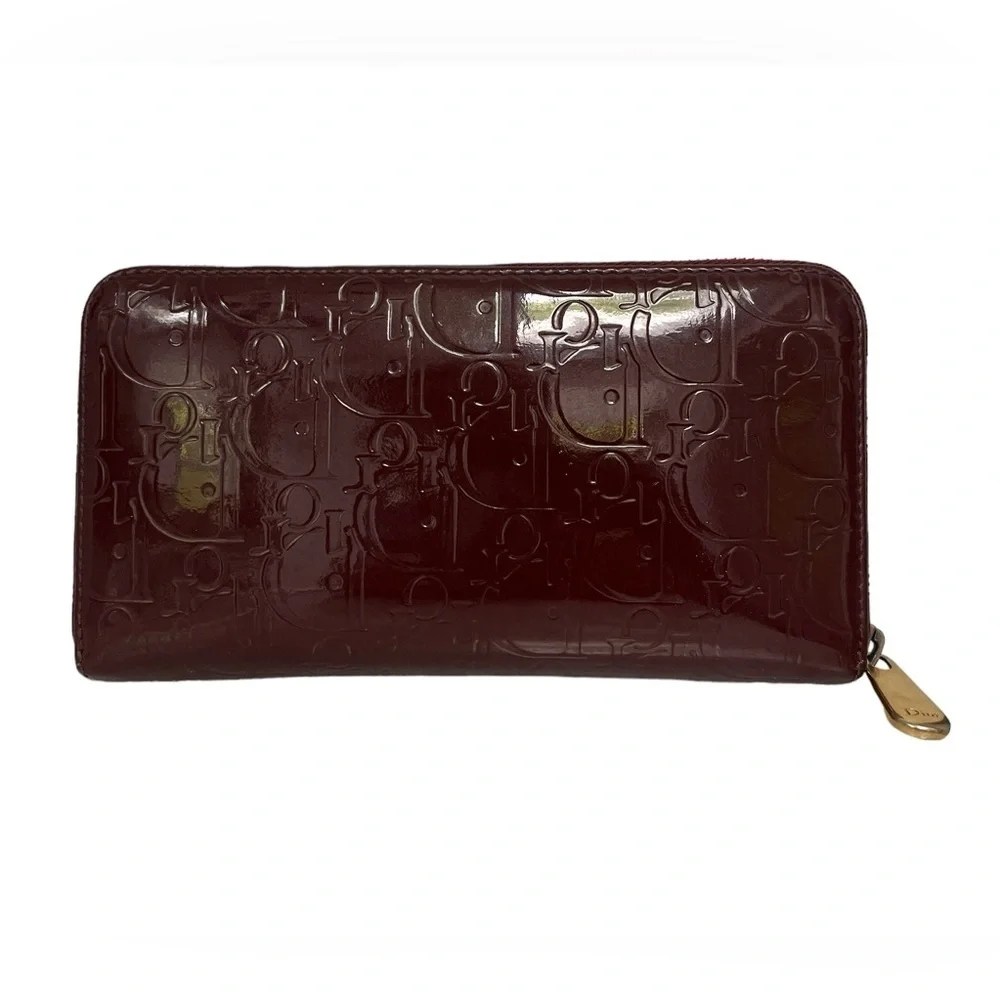 DIOR | Vintage Trotter Print Patent Leather Long Zip Wallet in Bordeaux/Lavender